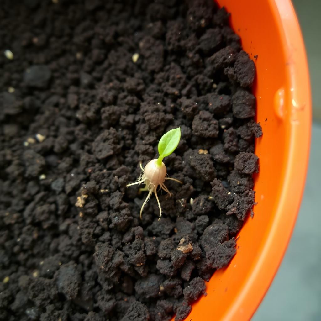 An orange container filled with dirt, prominently showcasing one germinated seed that has successfully sprouted