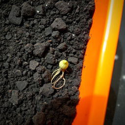 An orange container filled with dirt, prominently showcasing one germinated seed that has successfully sprouted