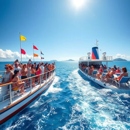 A vibrant scene depicting a diverse group of people on a large ship navigating through a sparkling blue sea