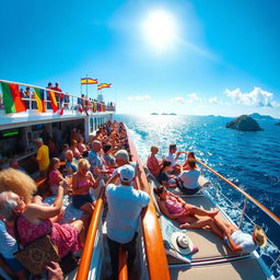 A vibrant scene depicting a diverse group of people on a large ship navigating through a sparkling blue sea