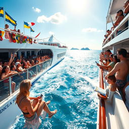 A vibrant scene depicting a diverse group of people on a large ship navigating through a sparkling blue sea