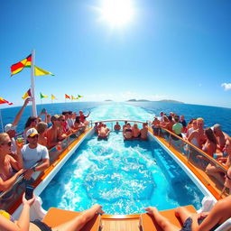 A vibrant scene depicting a diverse group of people on a large ship navigating through a sparkling blue sea