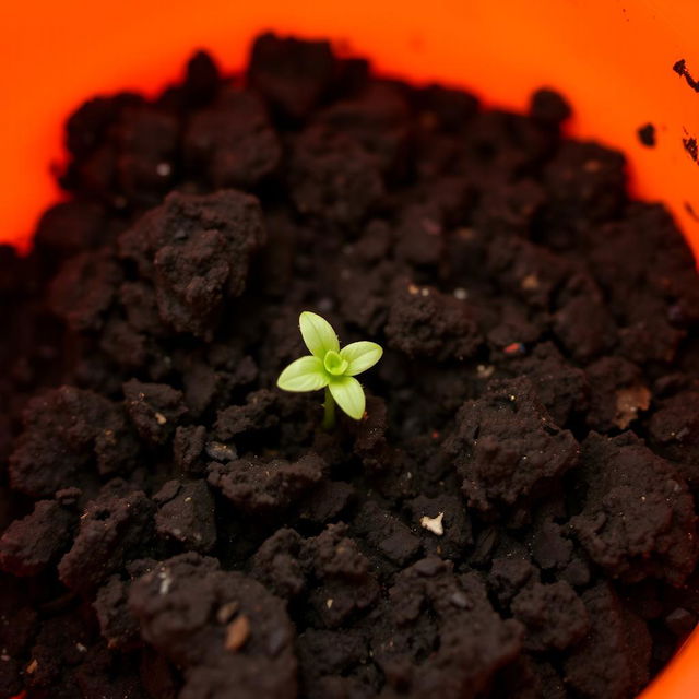 A close-up view of a small amount of dirt with a single germinated seed peeking through, resting in a bright orange container