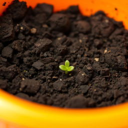 A close-up view of a small amount of dirt with a single germinated seed peeking through, resting in a bright orange container