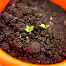 A close-up view of a small amount of dirt with a single germinated seed peeking through, resting in a bright orange container