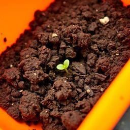 A close-up view of a small amount of dirt with a single germinated seed peeking through, resting in a bright orange container