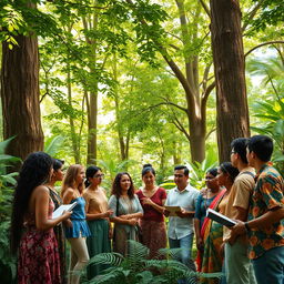 A vibrant and colorful collaborative scene taking place in a lush forest