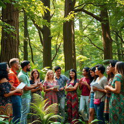 A vibrant and colorful collaborative scene taking place in a lush forest
