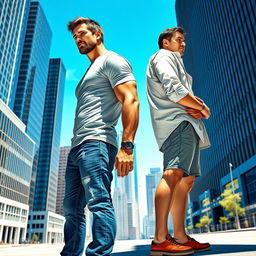 A detailed and artistic representation of two men standing back to back to illustrate scale, one being significantly taller than the other, showcasing their differences in height and physique