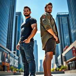 A detailed and artistic representation of two men standing back to back to illustrate scale, one being significantly taller than the other, showcasing their differences in height and physique