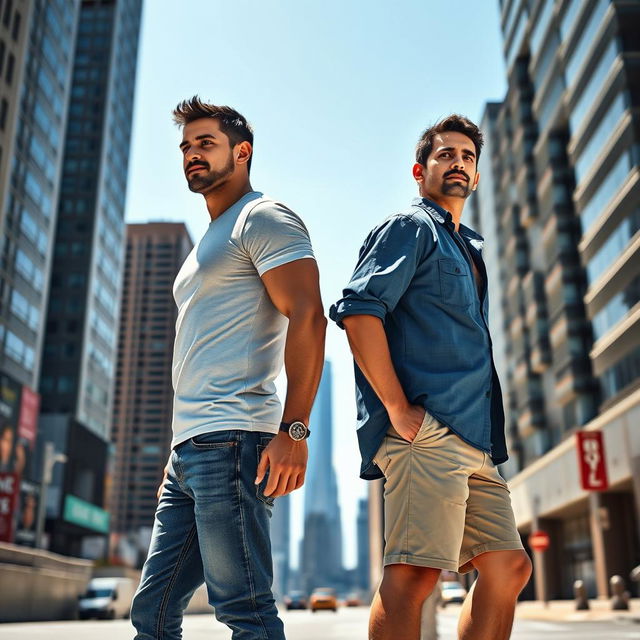 A detailed and artistic representation of two men standing back to back to illustrate scale, one being significantly taller than the other, showcasing their differences in height and physique