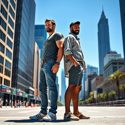 A detailed and artistic representation of two men standing back to back to illustrate scale, one being significantly taller than the other, showcasing their differences in height and physique