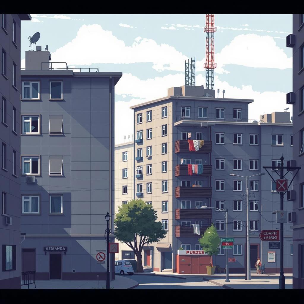 A vibrant urban street scene featuring modern buildings with a mix of architectural styles