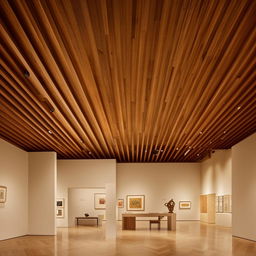 A spacious and lit and organized workspace inside an art museum, featuring a rich traditional wooden ceiling.