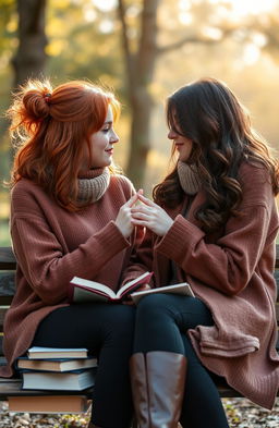 A romantic scene between two female literature students, one with fiery red hair and the other with deep brown hair, both sitting on a park bench surrounded by books and literary papers