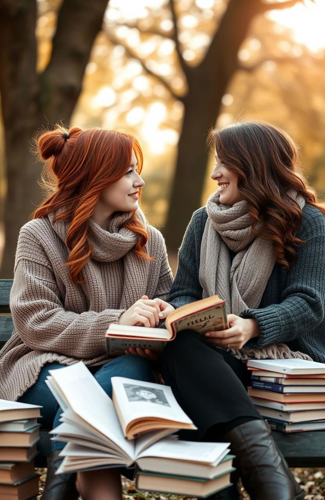 A romantic scene between two female literature students, one with fiery red hair and the other with deep brown hair, both sitting on a park bench surrounded by books and literary papers