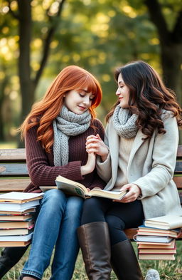 A romantic scene between two female literature students, one with fiery red hair and the other with deep brown hair, both sitting on a park bench surrounded by books and literary papers