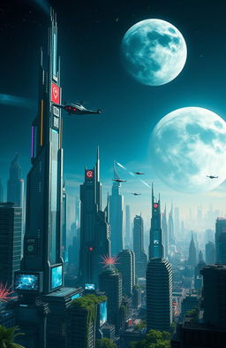 A futuristic city skyline featuring towering skyscrapers with neon lights and advanced architecture, bustling with flying vehicles and digital billboards