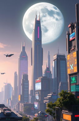 A futuristic city skyline featuring towering skyscrapers with neon lights and advanced architecture, bustling with flying vehicles and digital billboards