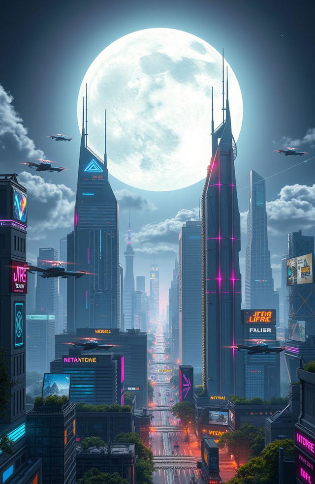 A futuristic city skyline featuring towering skyscrapers with neon lights and advanced architecture, bustling with flying vehicles and digital billboards