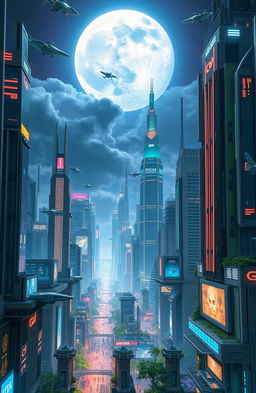 A futuristic city skyline featuring towering skyscrapers with neon lights and advanced architecture, bustling with flying vehicles and digital billboards