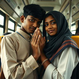 Two Indian strangers, a boy and a girl, in traditional school uniforms, standing close together on a bus