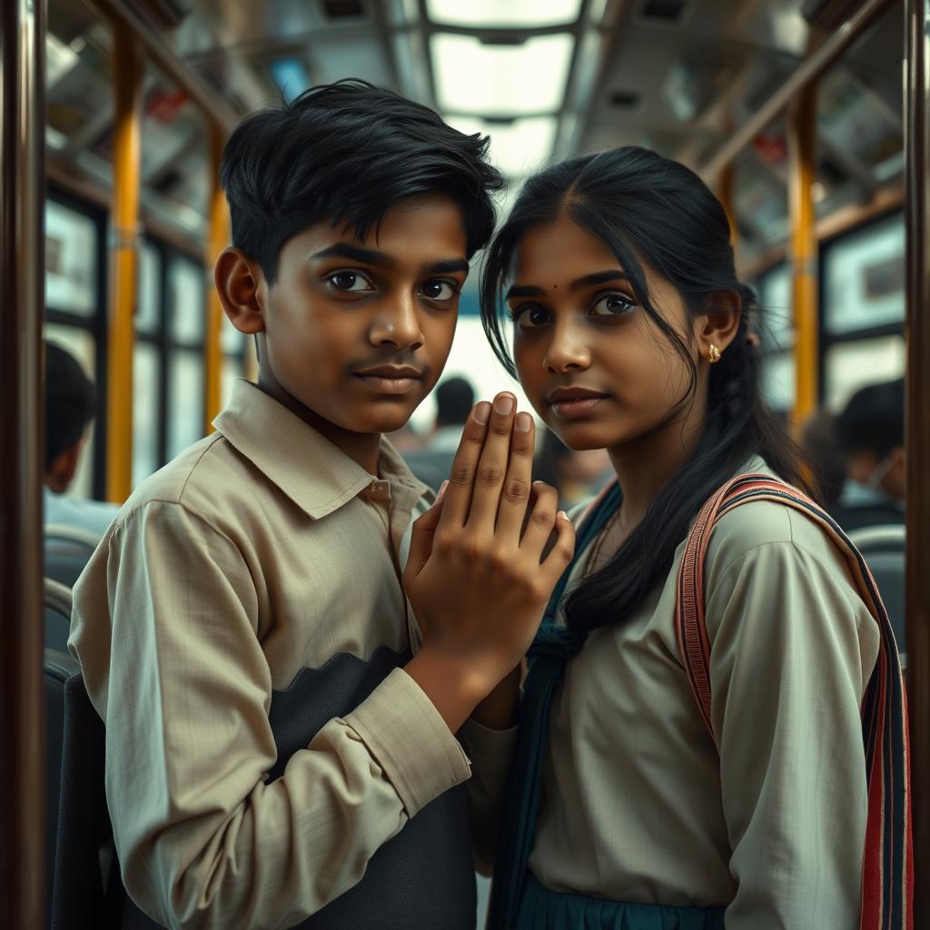 Two Indian strangers, a boy and a girl, in traditional school uniforms, standing close together on a bus