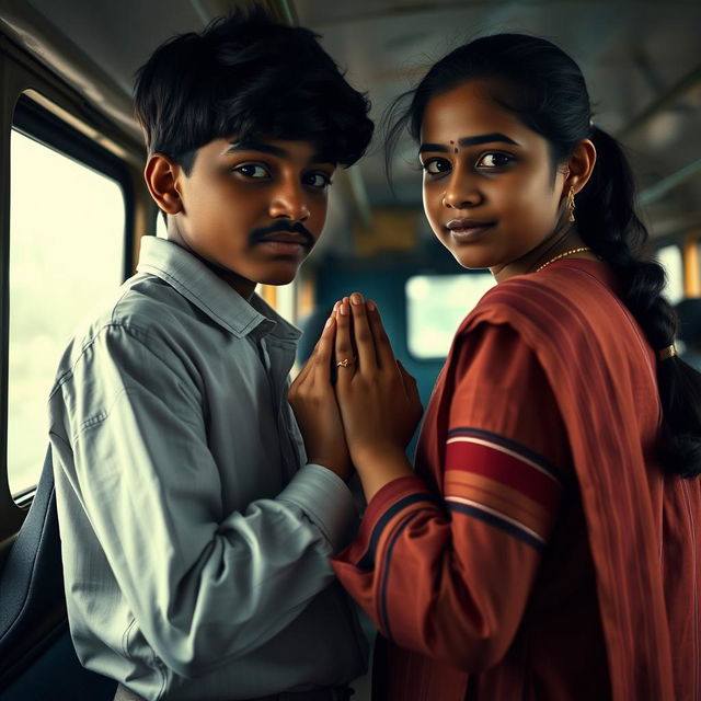 Two Indian strangers, a boy and a girl, in traditional school uniforms, standing close together on a bus