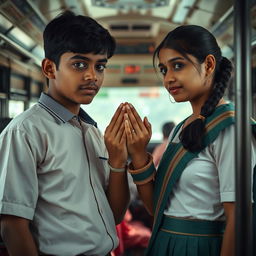 Two Indian strangers, a boy and a girl, in traditional school uniforms, standing close together on a bus