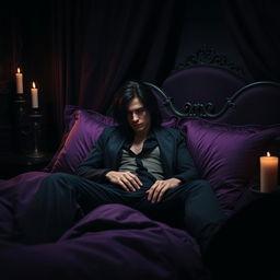 A sultry scene featuring a dark, elegantly decorated bedroom that captures a mysterious atmosphere