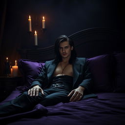A sultry scene featuring a dark, elegantly decorated bedroom that captures a mysterious atmosphere