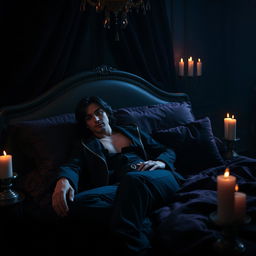 A sultry scene featuring a dark, elegantly decorated bedroom that captures a mysterious atmosphere