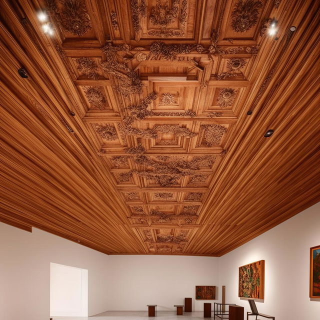 A spacious and lit and organized workspace inside an art museum, featuring a rich traditional wooden ceiling.