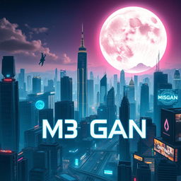 A futuristic city skyline featuring towering skyscrapers with neon lights and advanced architecture, bustling with flying vehicles and digital billboards