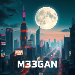 A futuristic city skyline featuring towering skyscrapers with neon lights and advanced architecture, bustling with flying vehicles and digital billboards