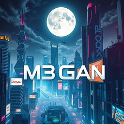 A futuristic city skyline featuring towering skyscrapers with neon lights and advanced architecture, bustling with flying vehicles and digital billboards