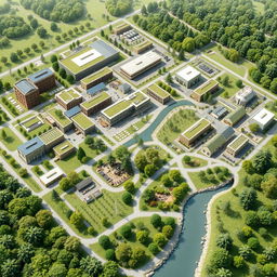 A detailed layout design of an eco-industrial park, showcasing a harmonious balance between nature and technology