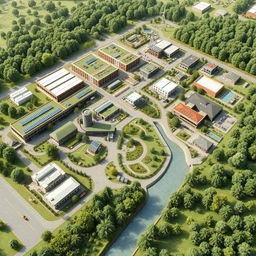 A detailed layout design of an eco-industrial park, showcasing a harmonious balance between nature and technology