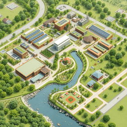 A detailed layout design of an eco-industrial park, showcasing a harmonious balance between nature and technology