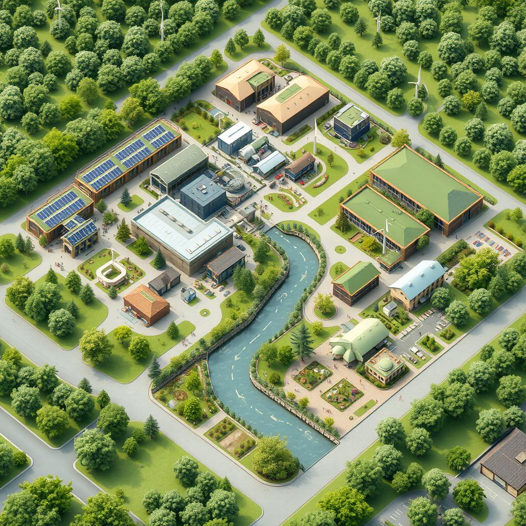 A detailed layout design of an eco-industrial park, showcasing a harmonious balance between nature and technology