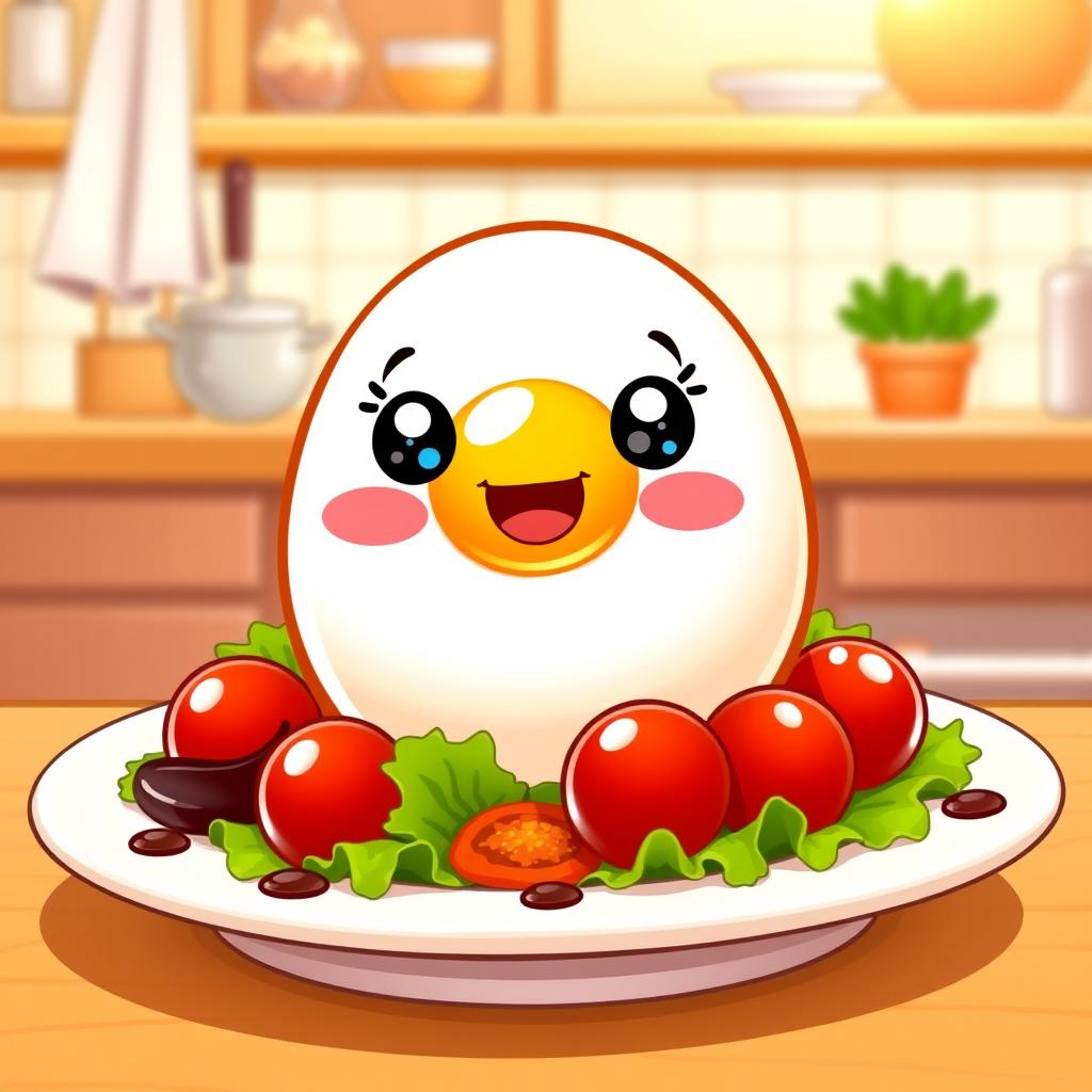 A cute, cartoon-style Tamago (Japanese fried egg) character with big sparkling eyes, rosy cheeks, and a friendly smile