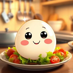 A cute, cartoon-style Tamago (Japanese fried egg) character with big sparkling eyes, rosy cheeks, and a friendly smile