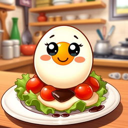 A cute, cartoon-style Tamago (Japanese fried egg) character with big sparkling eyes, rosy cheeks, and a friendly smile