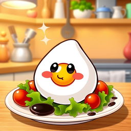 A cute, cartoon-style Tamago (Japanese fried egg) character with big sparkling eyes, rosy cheeks, and a friendly smile