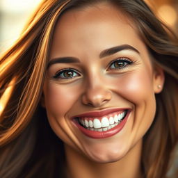 A close-up portrait of a woman with sparkling white teeth, exuding confidence and warmth