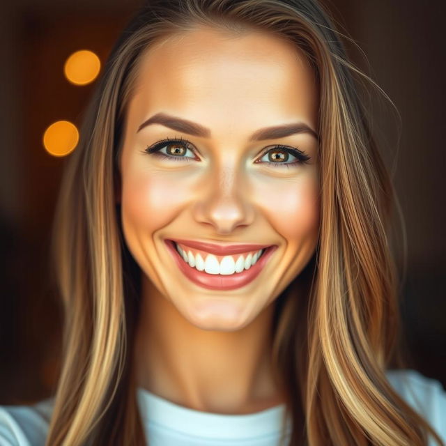 A close-up portrait of a woman with sparkling white teeth, exuding confidence and warmth