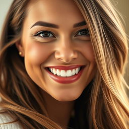 A close-up portrait of a woman with sparkling white teeth, exuding confidence and warmth