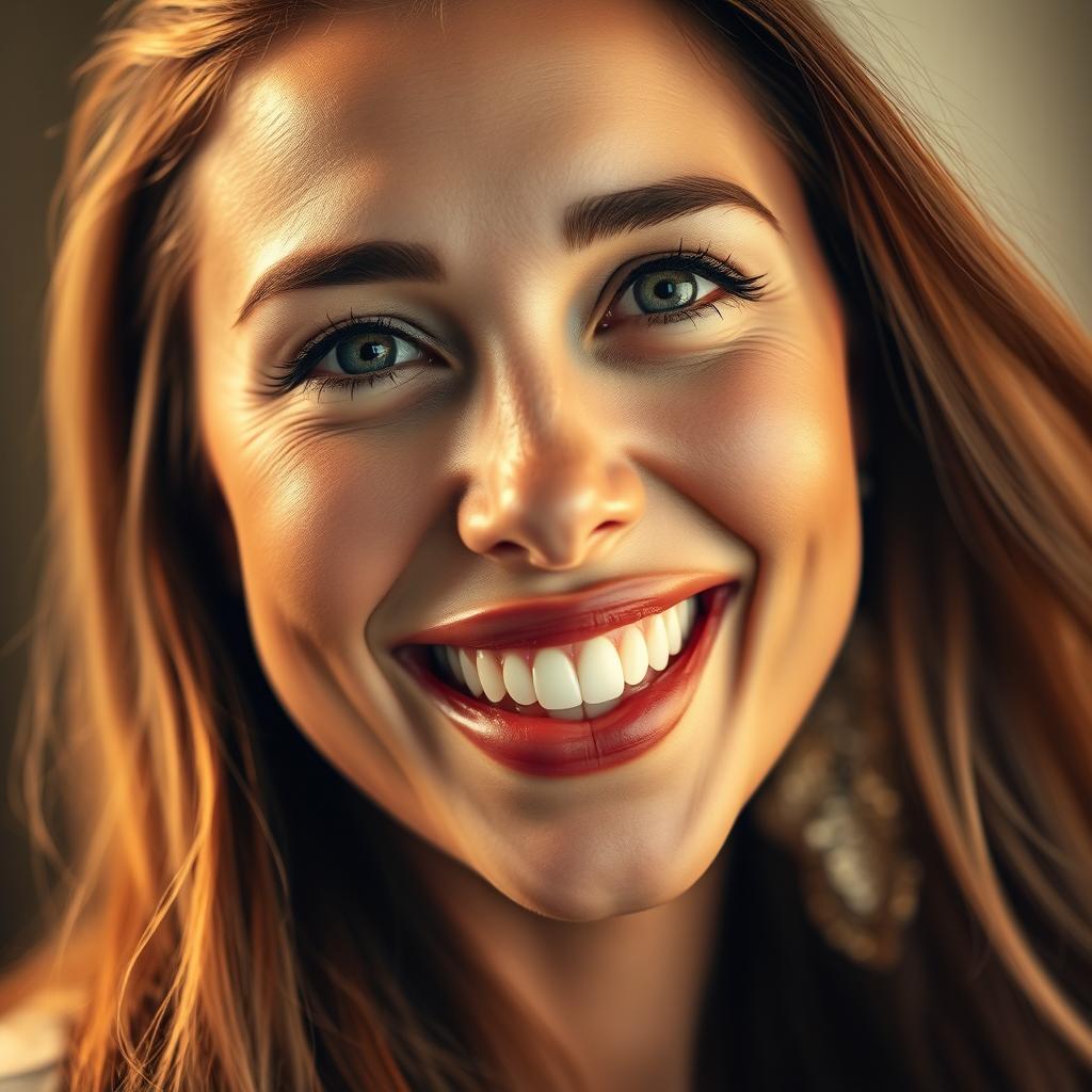 A close-up portrait of a woman with sparkling white teeth, exuding confidence and warmth