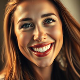 A close-up portrait of a woman with sparkling white teeth, exuding confidence and warmth