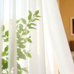 A plant partially veiled behind a sheer, flowing curtain, allowing soft, diffused light to filter through